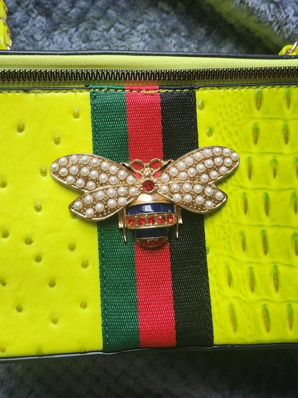 Ostrich Croc Queen Bee Stripe Boxy Crossbody Bag Satchel Neon Green Y2K